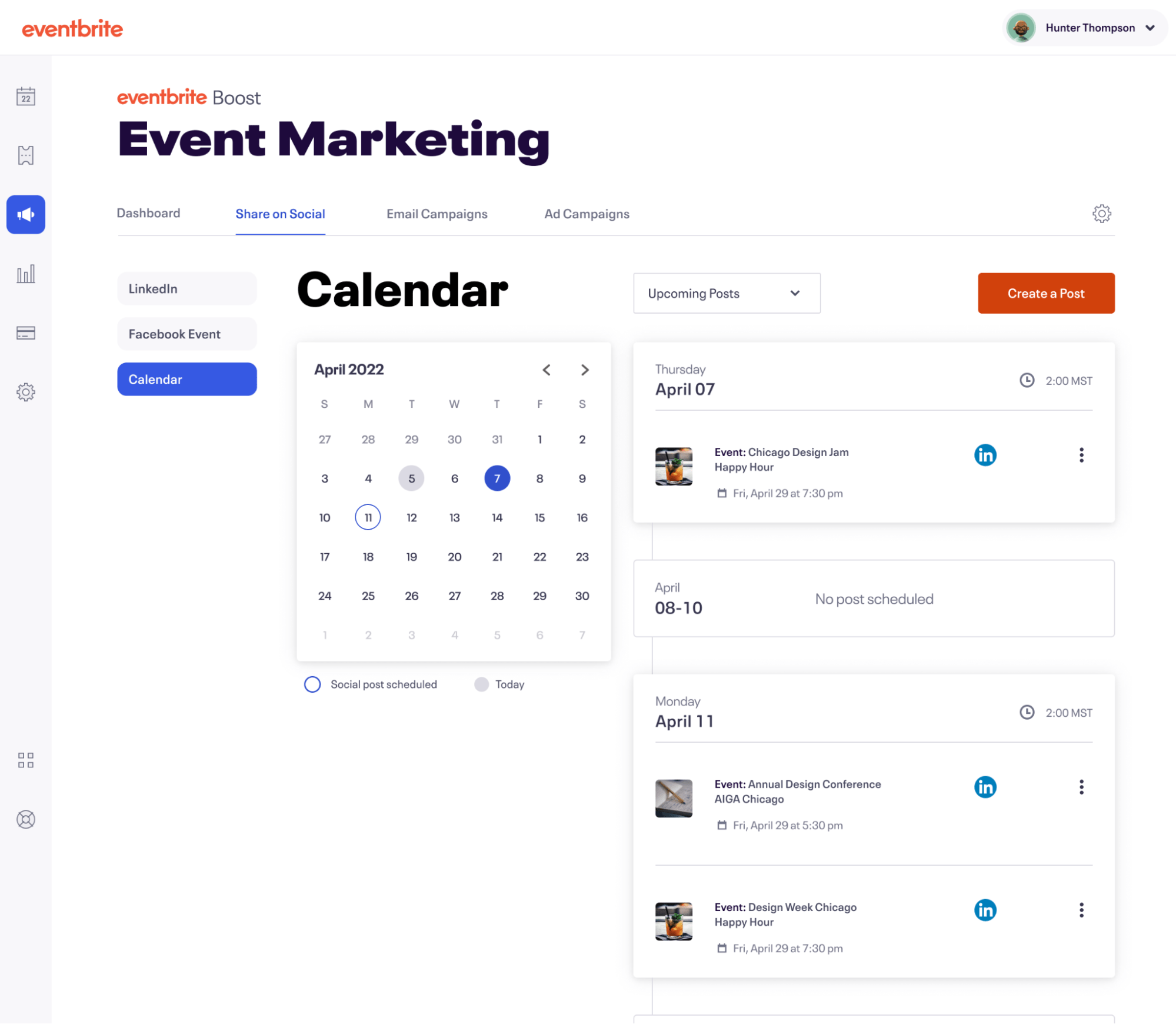 Eventbrite Boost's Share to LinkedIn calendar view