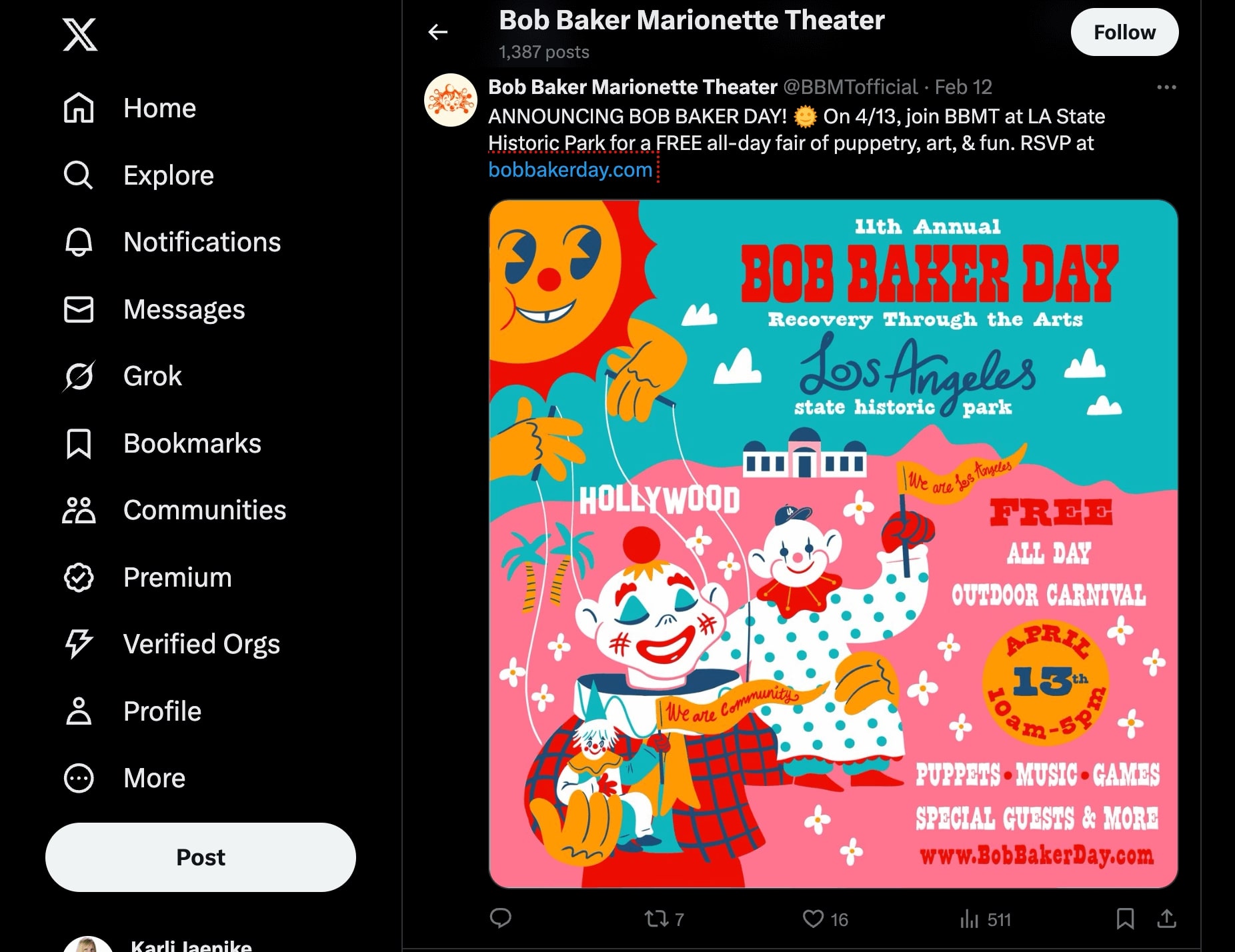 screenshot of bob baker day post on X